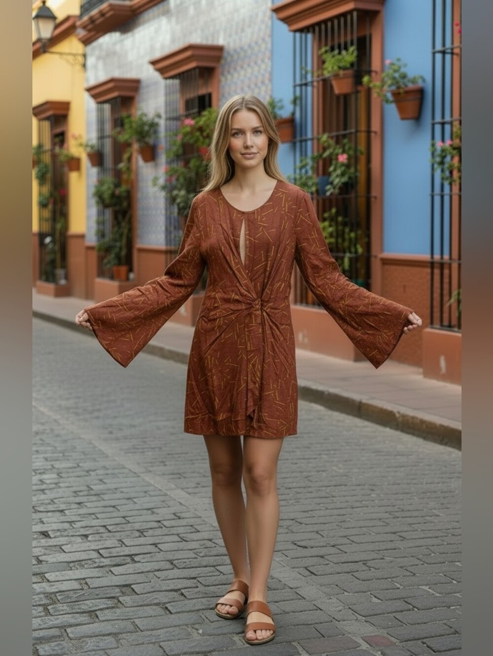 By Together Rust Abstract Print Knot-Front Dress w/ Bell Sleeves Size Large NWT
